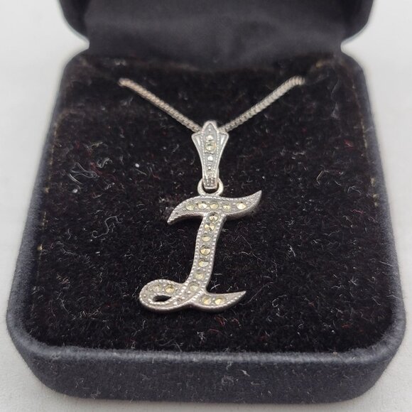 JC Sterling Silver Marcasite Initial T Pendant Necklace 925 Italy Box Chain - Picture 1 of 7